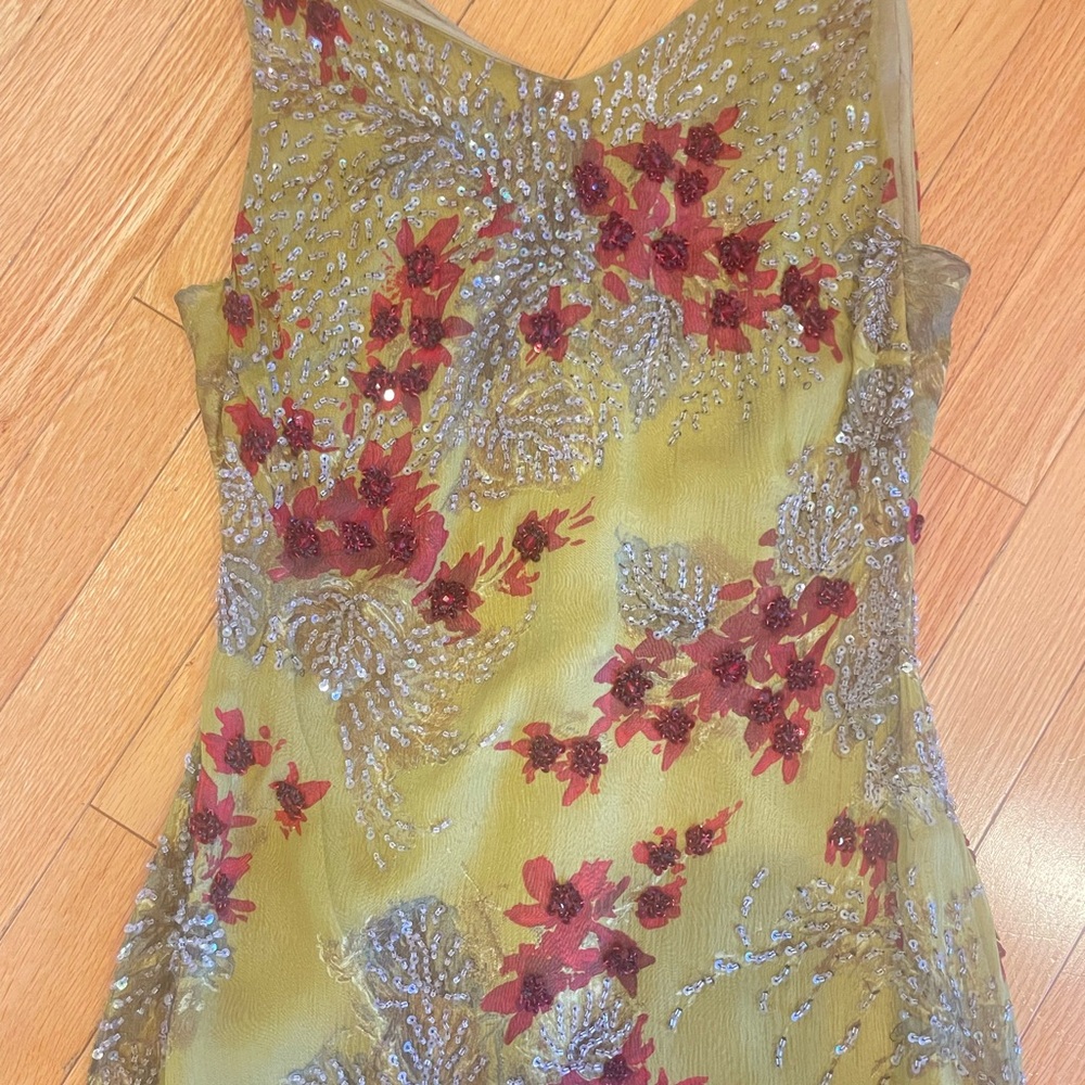 Badgley Mischka Evening Gown in a beautiful Rich Chartreuse Base & Red Accents